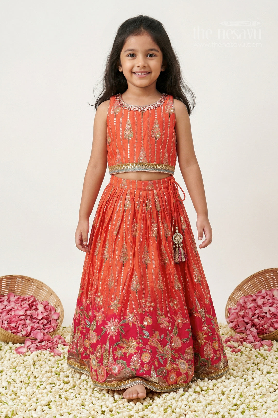 The Nesavu Girls Lehenga Choli Girls Lehenga Choli for Weddings and Grand Festive Occasions Nesavu 24 (5Y) / Orange / Viscose Silk GL878A-24 Nesavu girls viscose silk lehenga choli with designer sequence embroidery for weddings and celebrations