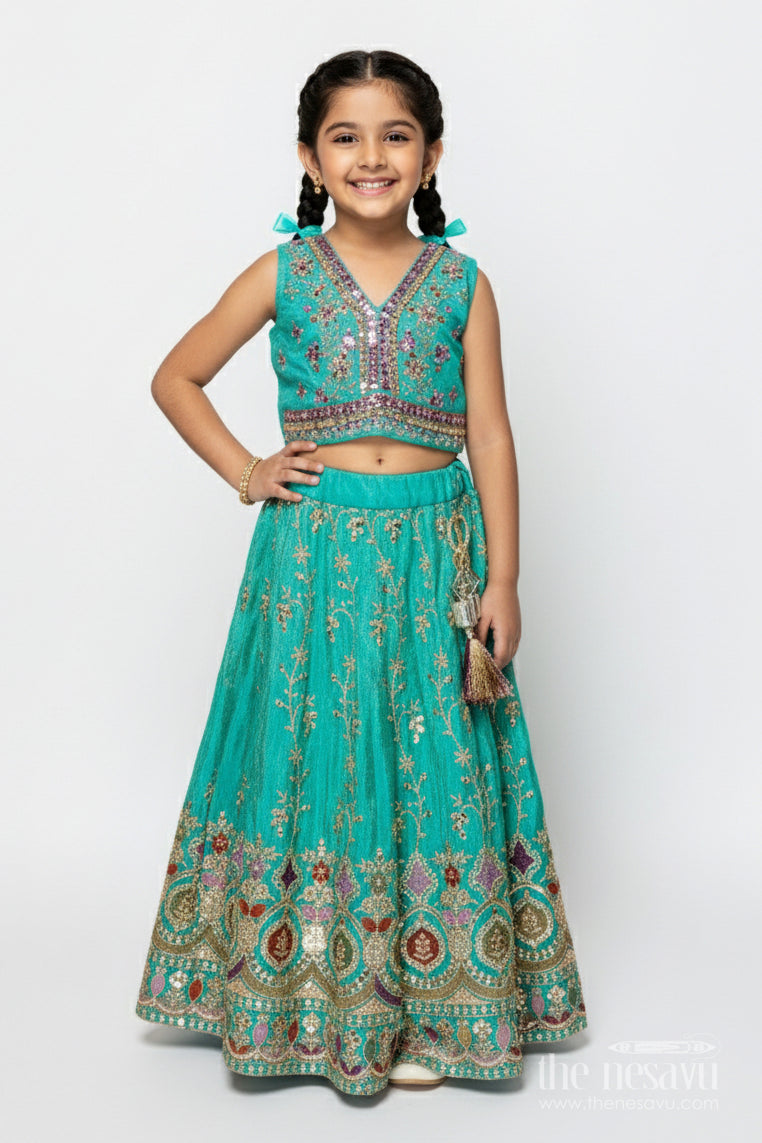 The Nesavu Girls Lehenga Choli Girls Lehenga Choli for Weddings and Traditional Celebrations Nesavu 18 (2Y) / Green GL687A-18 Nesavu lehenga choli set girls mirror embroidery weddings festive functions