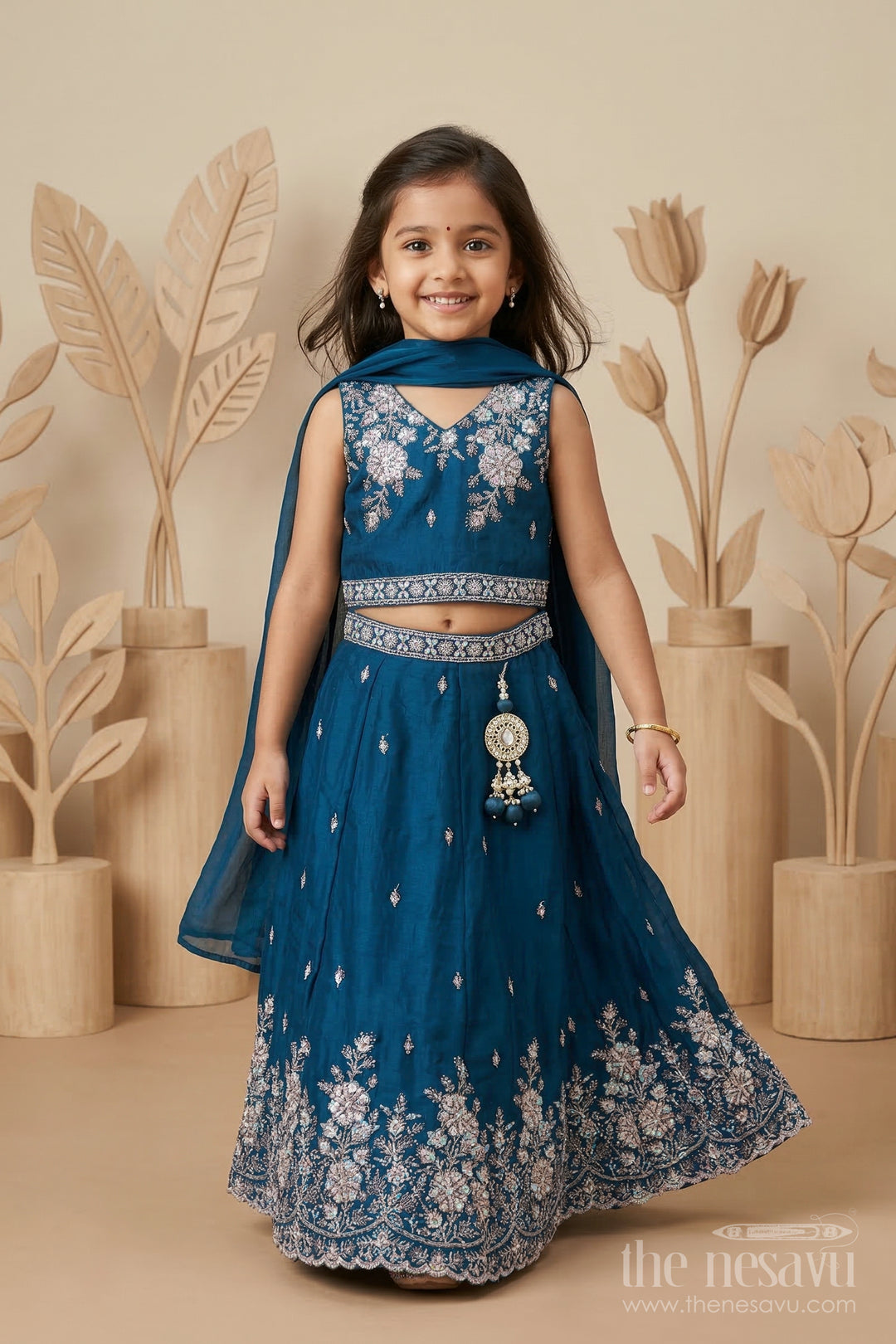 The Nesavu Girls Lehenga Choli Girls Lehenga Choli for Weddings Nesavu 24 (5Y) / Blue / Silk Blend GL881A-24 Nesavu girls silk crepe embroidered lehenga choli for weddings festive celebrations and family occasions