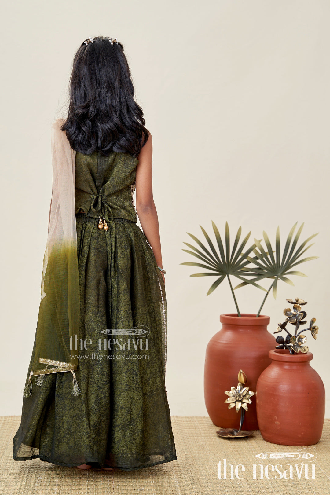 The Nesavu Girls Lehenga Choli Girls Lehenga Choli for Weddings Organza Embroidered Set Nesavu Nesavu Girls Bottle Green Organza Lehenga Dupatta Choli Wedding Functions