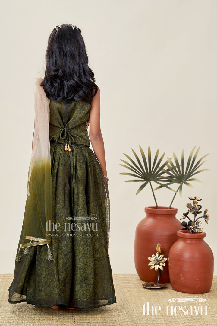 The Nesavu Girls Lehenga Choli Girls Lehenga Choli for Weddings Organza Embroidered Set Nesavu Nesavu Girls Bottle Green Organza Lehenga Dupatta Choli Wedding Functions