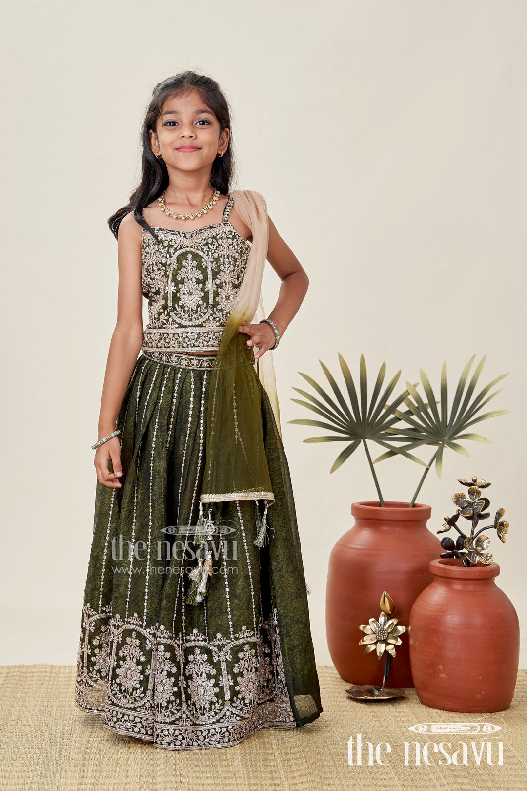 The Nesavu Girls Lehenga Choli Girls Lehenga Choli for Weddings Organza Embroidered Set Nesavu Nesavu Girls Bottle Green Organza Lehenga Dupatta Choli Wedding Functions