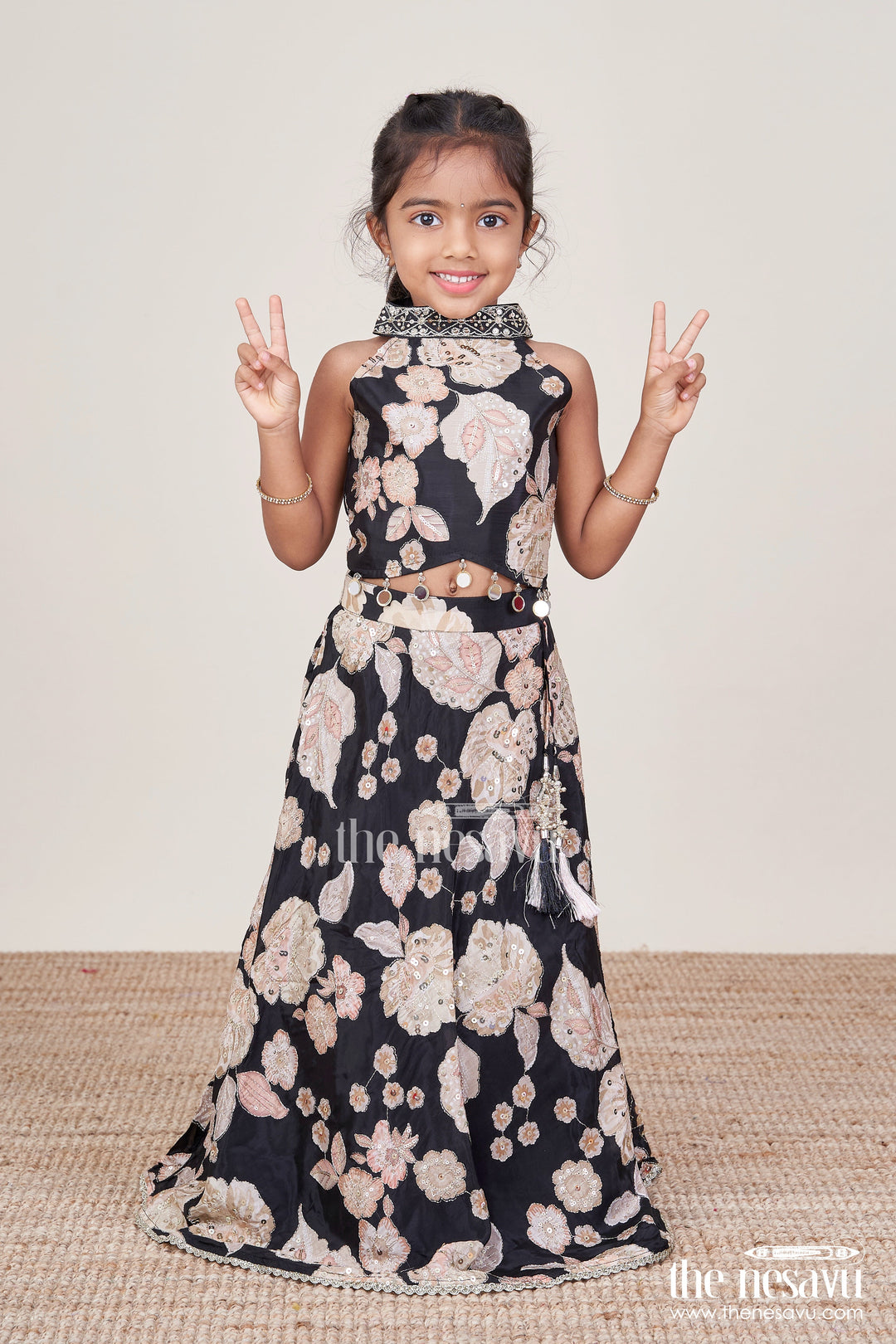 The Nesavu Girls Lehenga Choli Girls Lehenga Choli in Viscose Silk with Embroidered Yoke for Weddings and Parties Nesavu 16 (1Y) / Black GL737C-16 Nesavu girls embroidered silk lehenga choli designer yoke weddings festive occasions