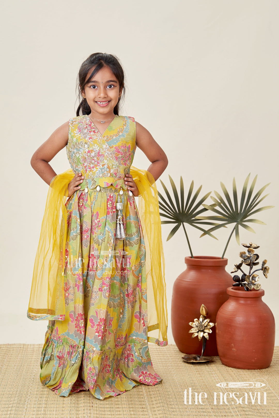 The Nesavu Girls Lehenga Choli Girls Lehenga Choli in Yellow Colour with Muslin Silk Digital Print and Thread Embroidery Yoke Nesavu 16 (1Y) / Yellow GL648A-16 Nesavu Girls Lehenga Choli Yellow Colour Digital Floral Print Thread Embroidery Yoke