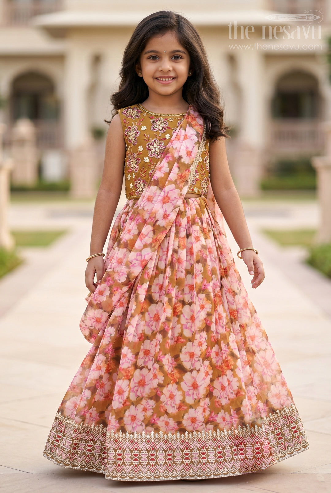 The Nesavu Girls Lehenga Choli Girls Lehenga Choli Organza Printed Multicolor Pongal Lehenga Nesavu 24 (5Y) / Multicolor GL525A-24 Nesavu Girls Multicolor Organza Lehenga Choli Set Mirror Work Diwali Lehenga