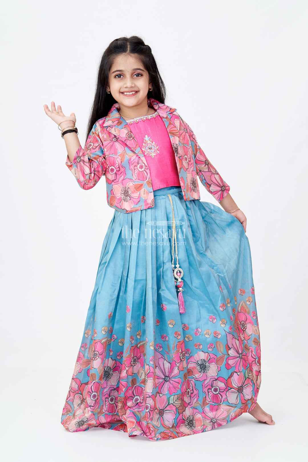 The Nesavu Girls Lehenga Choli Girls Lehenga Choli Party Wear in Teal and Pink with Digital Floral Prints and Jacket Nesavu 24 (5Y) / Pink GL573A-24 Girls Floral Printed Lehenga Choli Party Wear Embroidered Blouse Jacket | The Nesavu