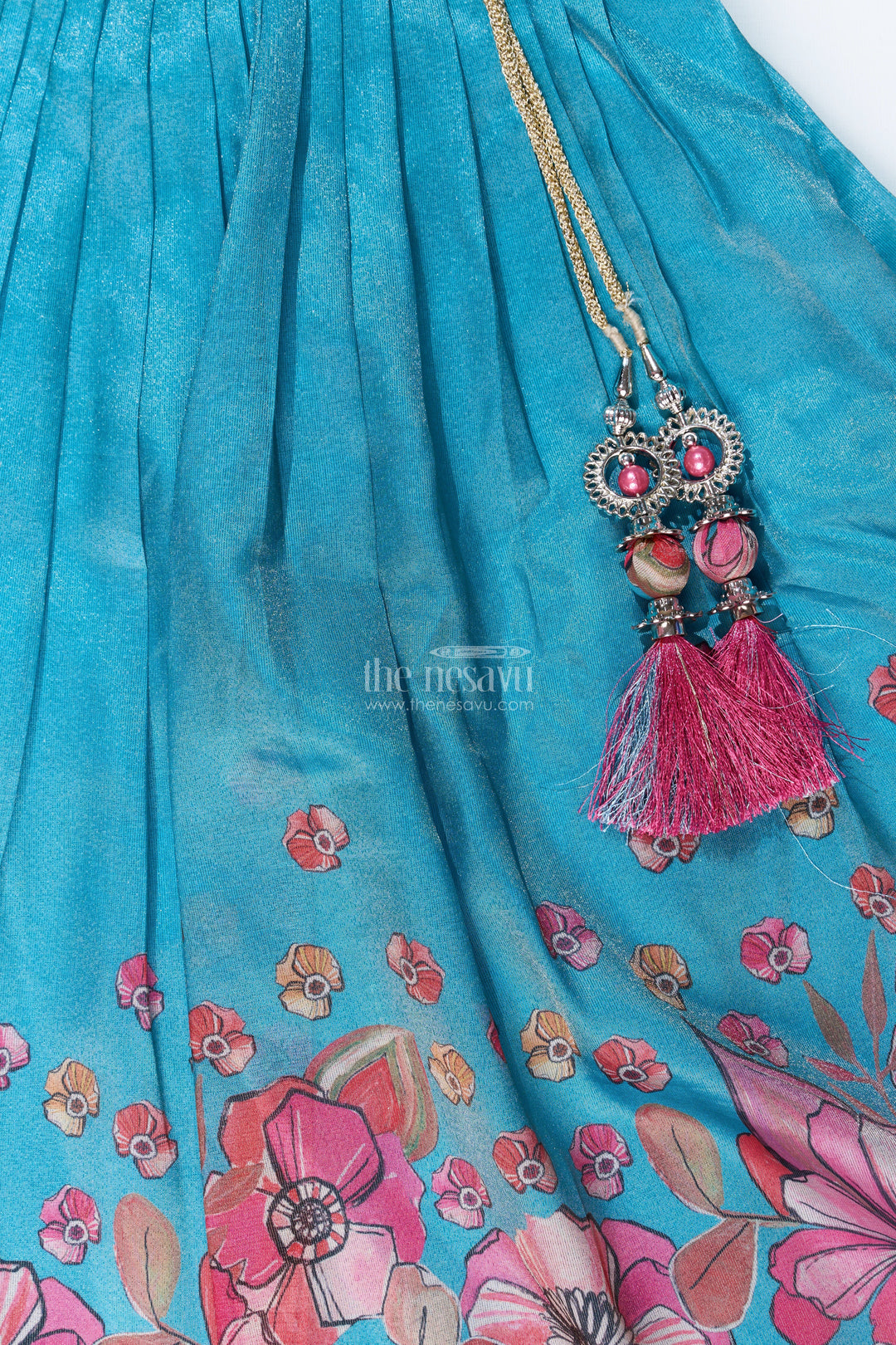 The Nesavu Girls Lehenga Choli Girls Lehenga Choli Party Wear in Teal and Pink with Digital Floral Prints and Jacket Nesavu Girls Floral Printed Lehenga Choli Party Wear Embroidered Blouse Jacket | The Nesavu