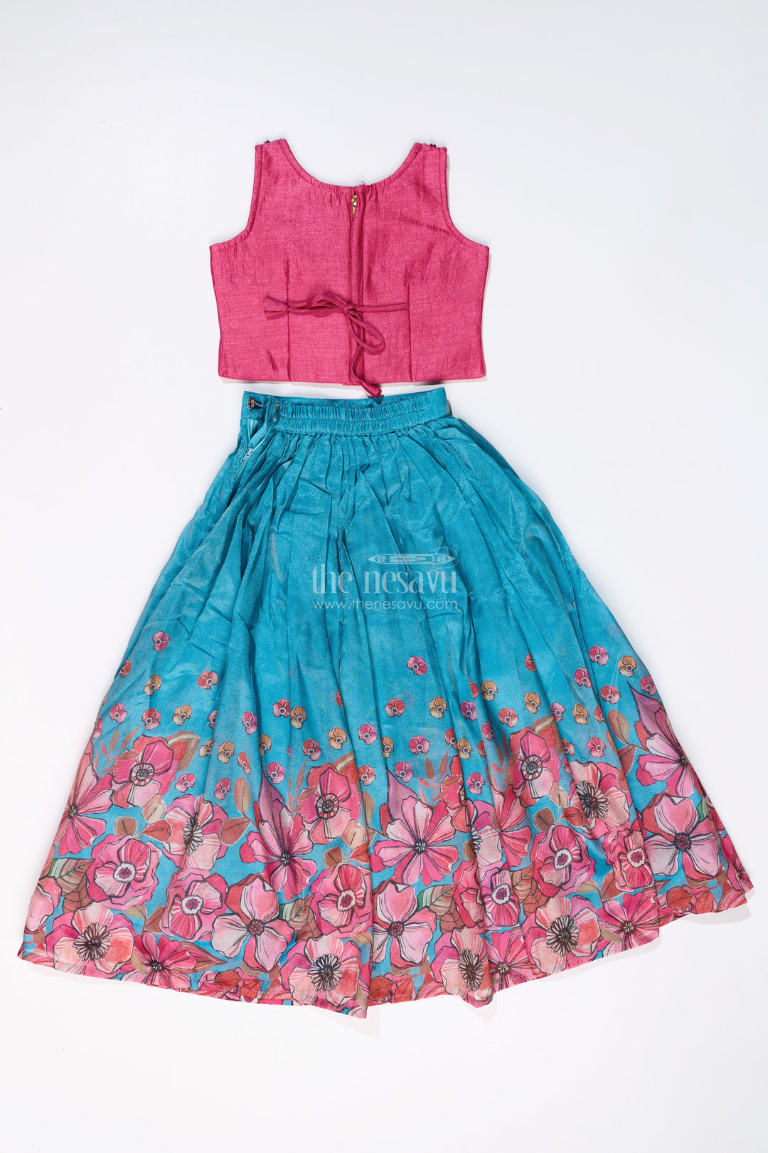 The Nesavu Girls Lehenga Choli Girls Lehenga Choli Party Wear in Teal and Pink with Digital Floral Prints and Jacket Nesavu Girls Floral Printed Lehenga Choli Party Wear Embroidered Blouse Jacket | The Nesavu