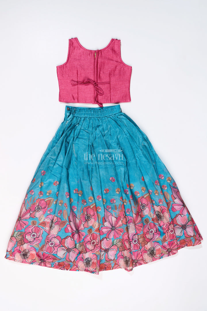 The Nesavu Girls Lehenga Choli Girls Lehenga Choli Party Wear in Teal and Pink with Digital Floral Prints and Jacket Nesavu Girls Floral Printed Lehenga Choli Party Wear Embroidered Blouse Jacket | The Nesavu
