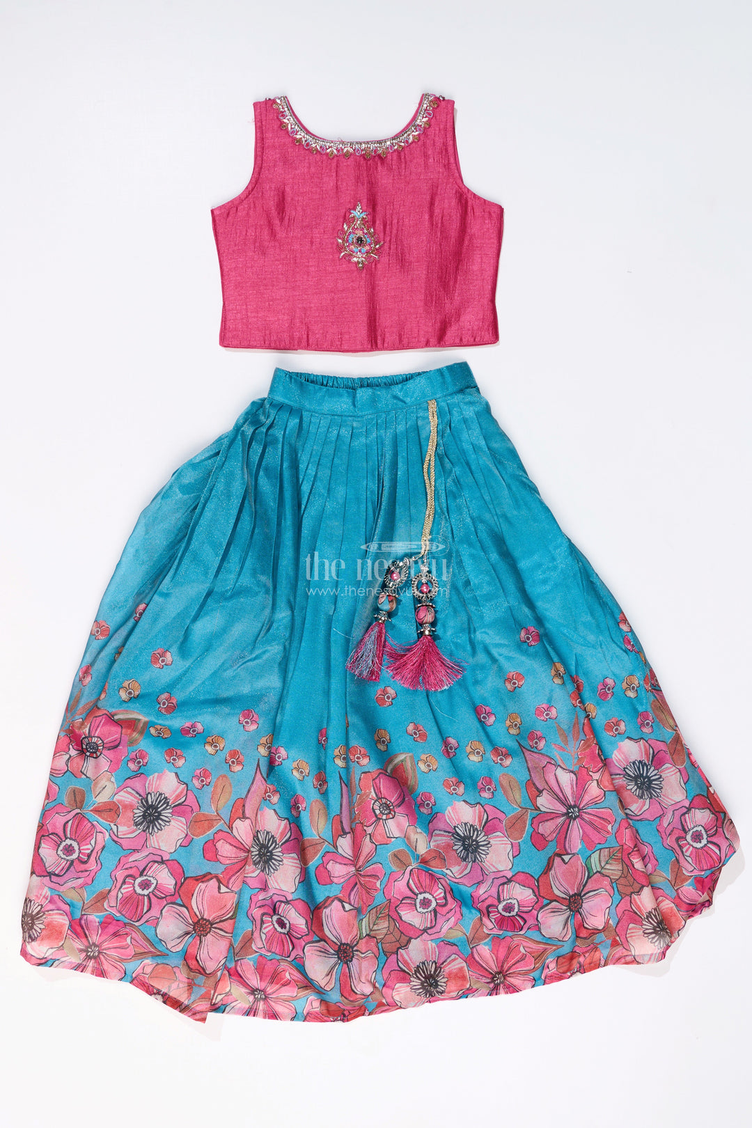 The Nesavu Girls Lehenga Choli Girls Lehenga Choli Party Wear in Teal and Pink with Digital Floral Prints and Jacket Nesavu Girls Floral Printed Lehenga Choli Party Wear Embroidered Blouse Jacket | The Nesavu