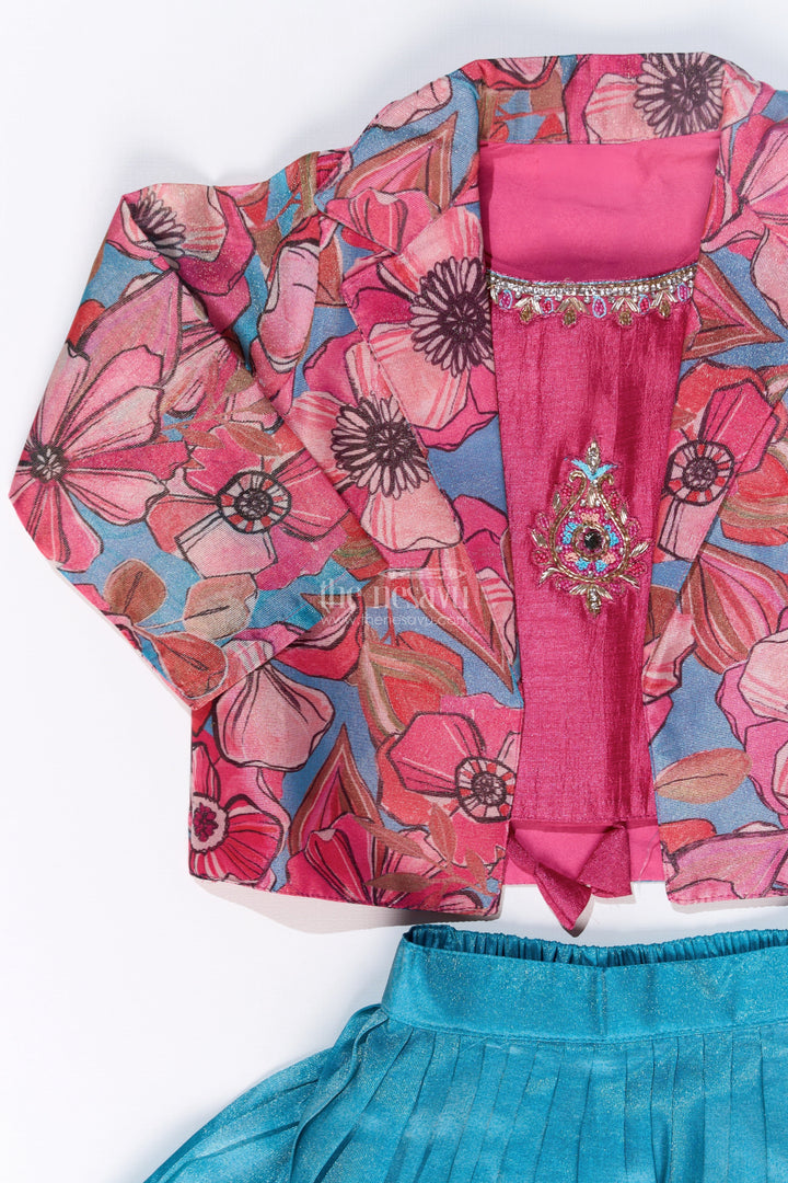 The Nesavu Girls Lehenga Choli Girls Lehenga Choli Party Wear in Teal and Pink with Digital Floral Prints and Jacket Nesavu Girls Floral Printed Lehenga Choli Party Wear Embroidered Blouse Jacket | The Nesavu