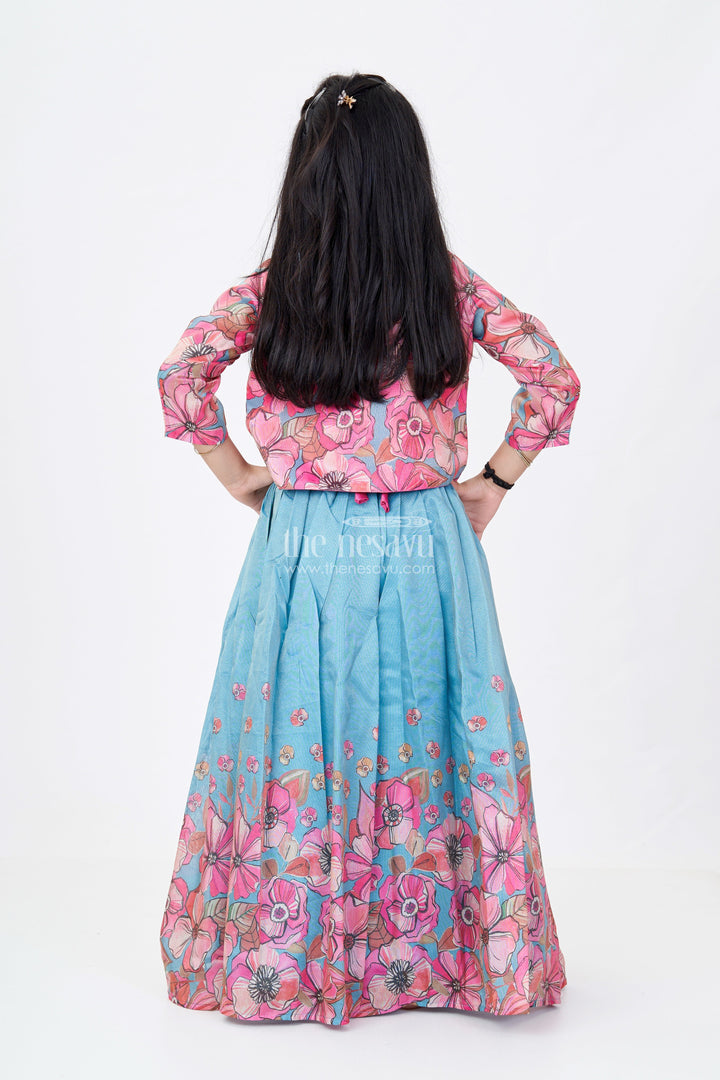 The Nesavu Girls Lehenga Choli Girls Lehenga Choli Party Wear in Teal and Pink with Digital Floral Prints and Jacket Nesavu Girls Floral Printed Lehenga Choli Party Wear Embroidered Blouse Jacket | The Nesavu