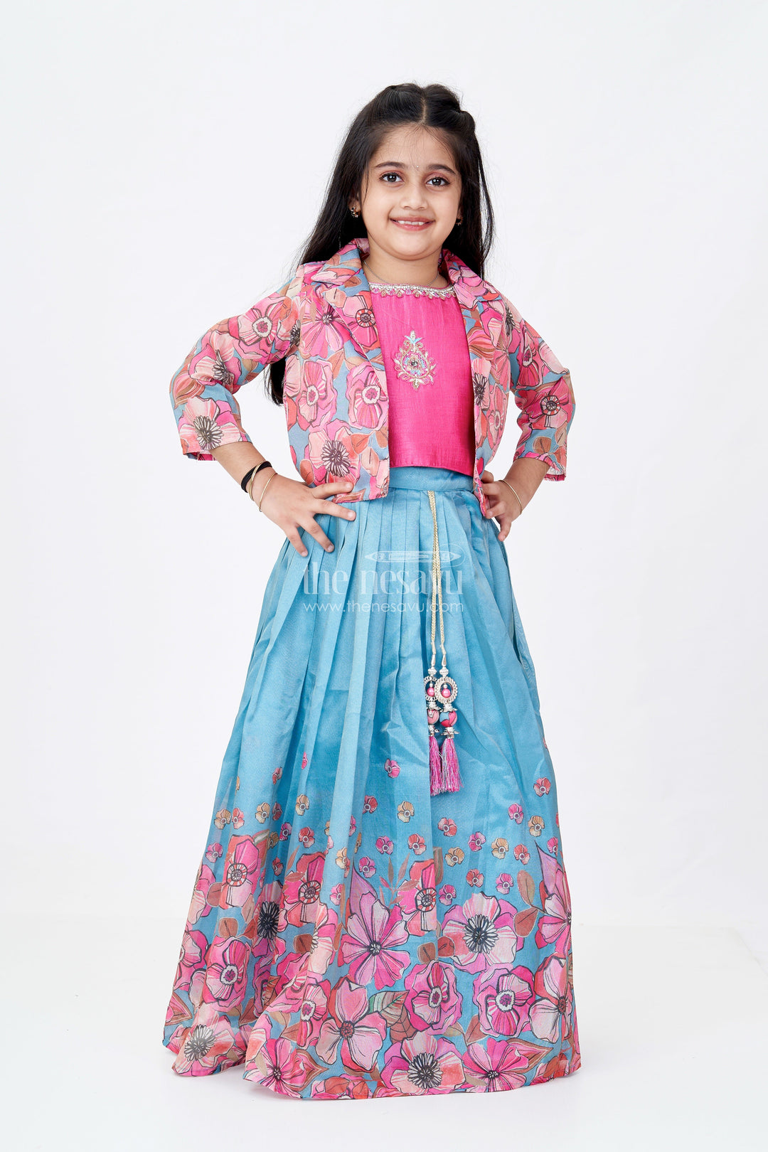The Nesavu Girls Lehenga Choli Girls Lehenga Choli Party Wear in Teal and Pink with Digital Floral Prints and Jacket Nesavu Girls Floral Printed Lehenga Choli Party Wear Embroidered Blouse Jacket | The Nesavu