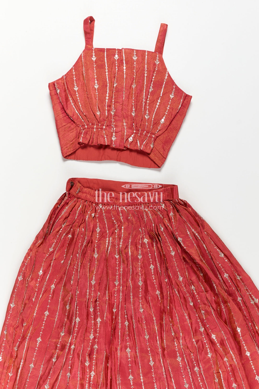 The Nesavu Girls Lehenga Choli Girls Lehenga Choli Red Colour in Shimmer Silk with Embroidered Jacket and Flared Skirt Nesavu Girls Red Colour Lehenga Choli Set Embroidered Jacket Shimmer Viscose Silk | The Nesavu