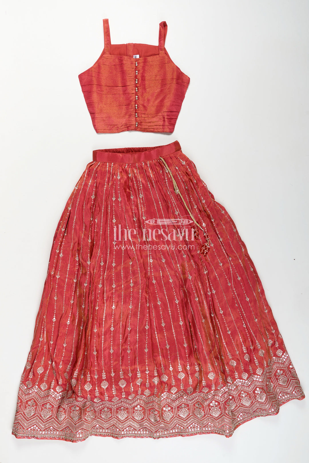The Nesavu Girls Lehenga Choli Girls Lehenga Choli Red Colour in Shimmer Silk with Embroidered Jacket and Flared Skirt Nesavu Girls Red Colour Lehenga Choli Set Embroidered Jacket Shimmer Viscose Silk | The Nesavu