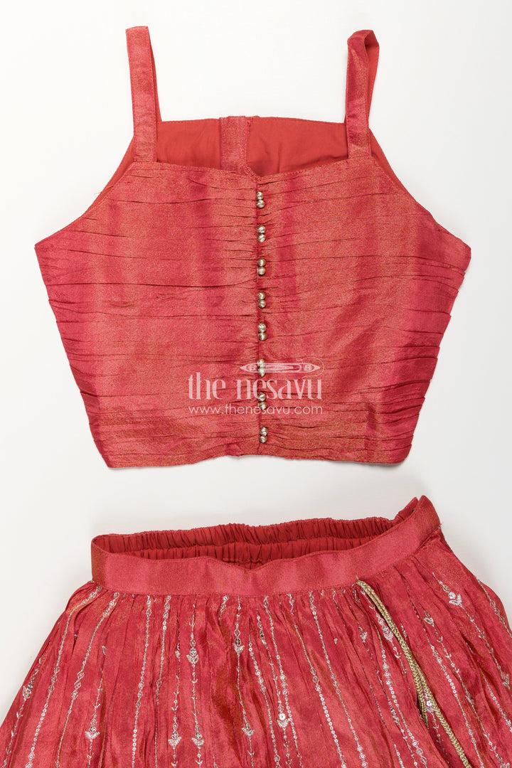 The Nesavu Girls Lehenga Choli Girls Lehenga Choli Red Colour in Shimmer Silk with Embroidered Jacket and Flared Skirt Nesavu Girls Red Colour Lehenga Choli Set Embroidered Jacket Shimmer Viscose Silk | The Nesavu