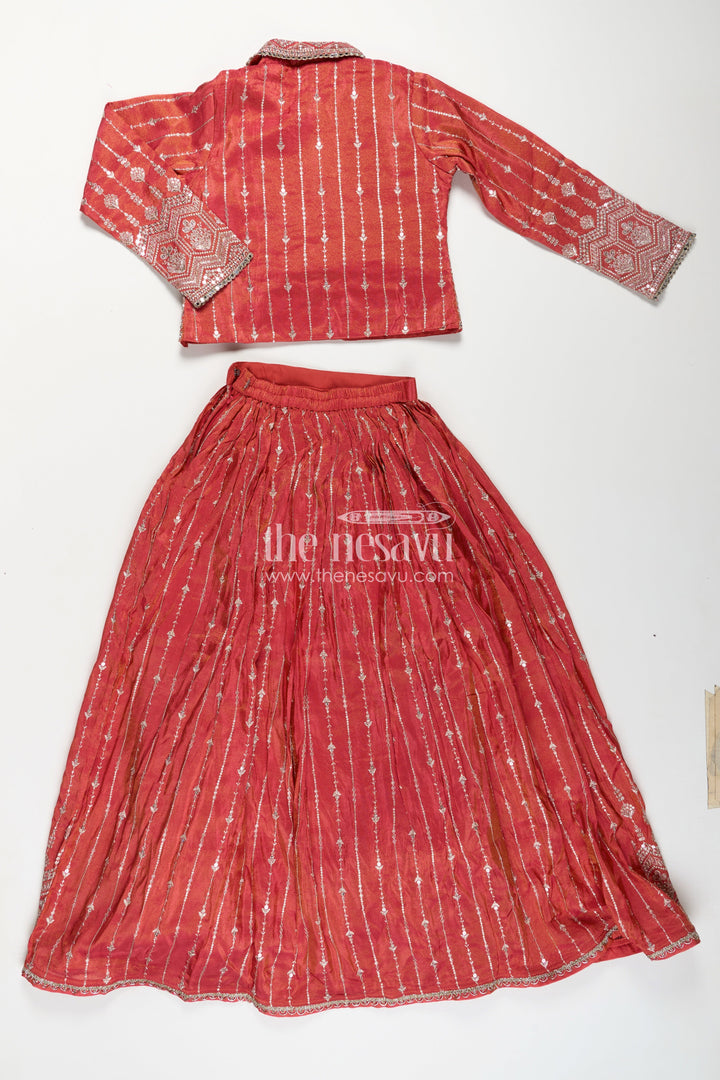 The Nesavu Girls Lehenga Choli Girls Lehenga Choli Red Colour in Shimmer Silk with Embroidered Jacket and Flared Skirt Nesavu Girls Red Colour Lehenga Choli Set Embroidered Jacket Shimmer Viscose Silk | The Nesavu