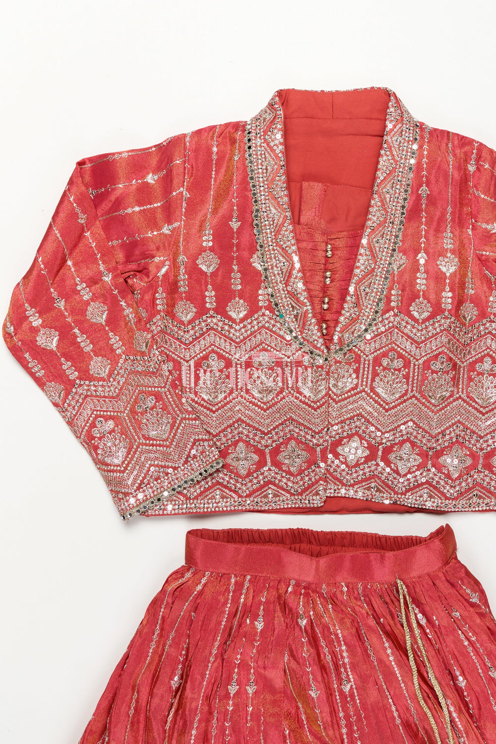 The Nesavu Girls Lehenga Choli Girls Lehenga Choli Red Colour in Shimmer Silk with Embroidered Jacket and Flared Skirt Nesavu Girls Red Colour Lehenga Choli Set Embroidered Jacket Shimmer Viscose Silk | The Nesavu