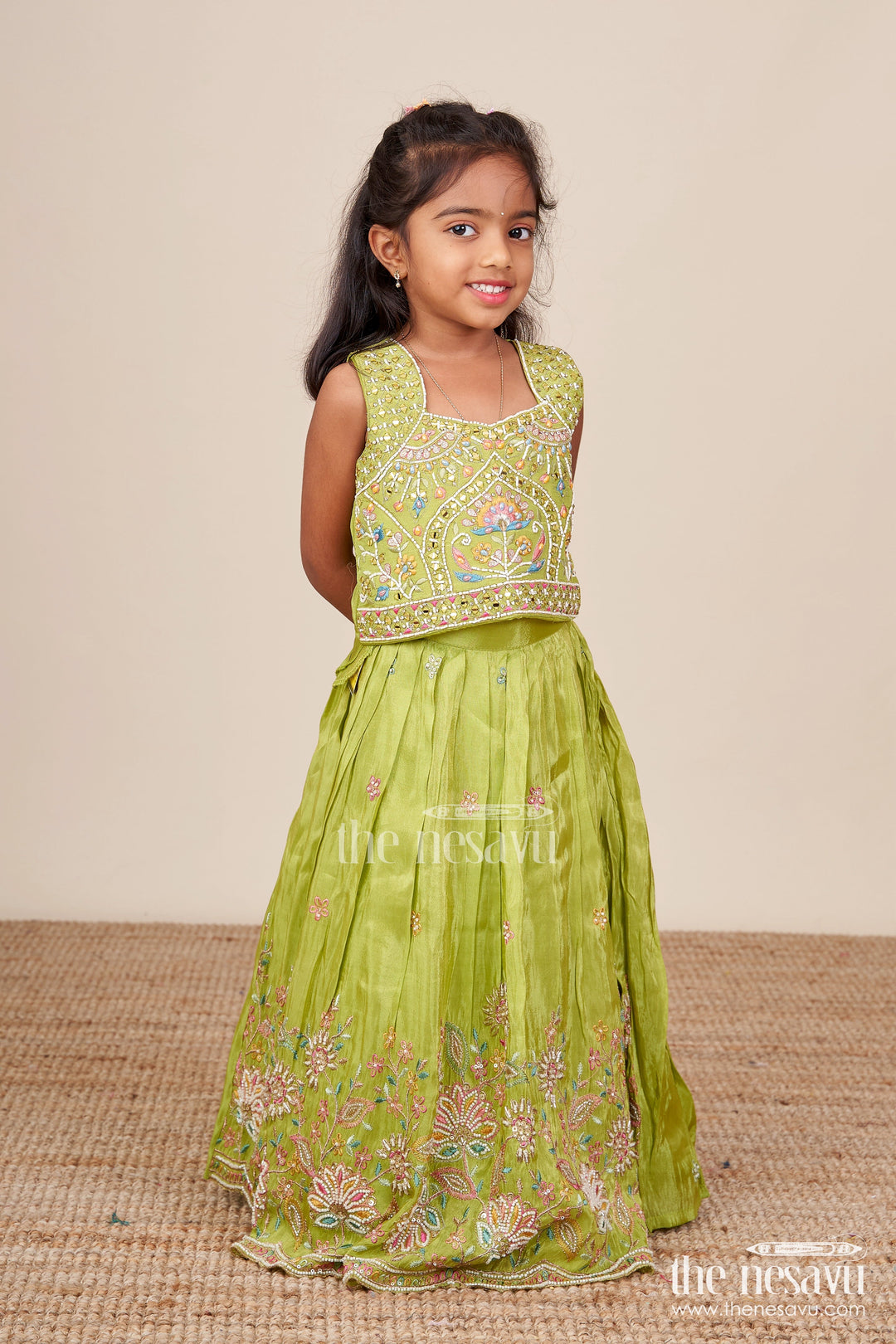 The Nesavu Girls Lehenga Choli Girls Lehenga Choli Set for Weddings and Traditional Family Celebrations Nesavu 18 (2Y) / Green GL680A-18 Nesavu girls lehenga choli set embroidered tissue silk  ideal weddings festive occasions