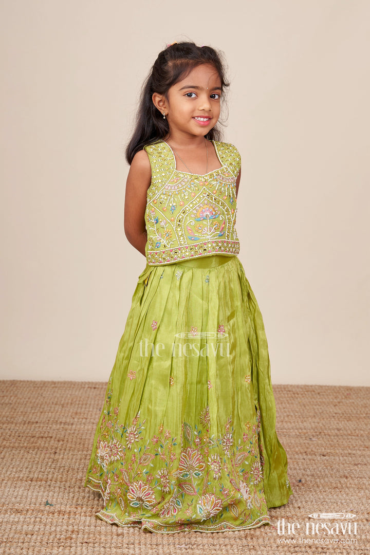 The Nesavu Girls Lehenga Choli Girls Lehenga Choli Set for Weddings and Traditional Family Celebrations Nesavu 18 (2Y) / Green GL680A-18 Nesavu girls lehenga choli set embroidered tissue silk  ideal weddings festive occasions