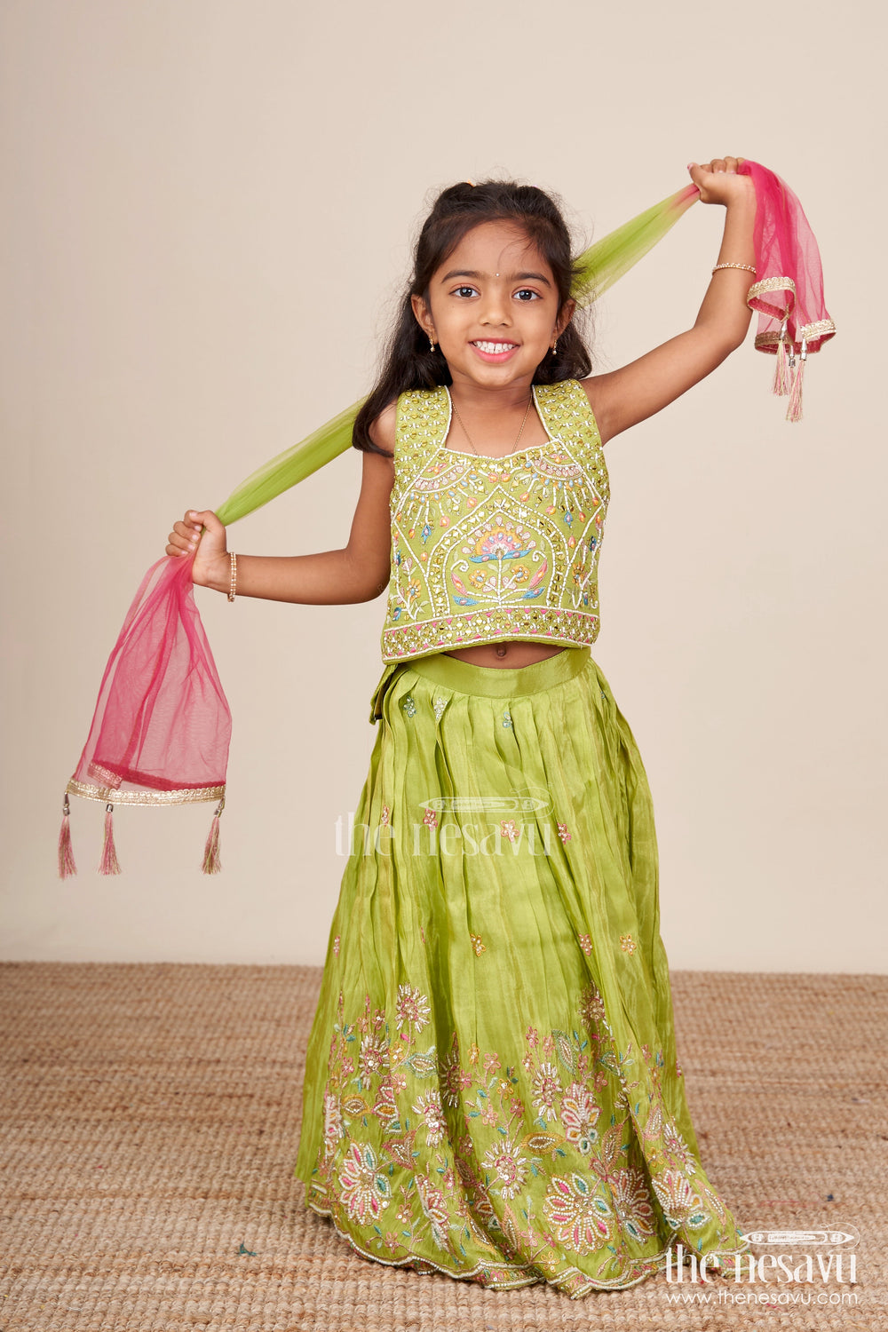 The Nesavu Girls Lehenga Choli Girls Lehenga Choli Set for Weddings and Traditional Family Celebrations Nesavu Nesavu girls lehenga choli set embroidered tissue silk  ideal weddings festive occasions