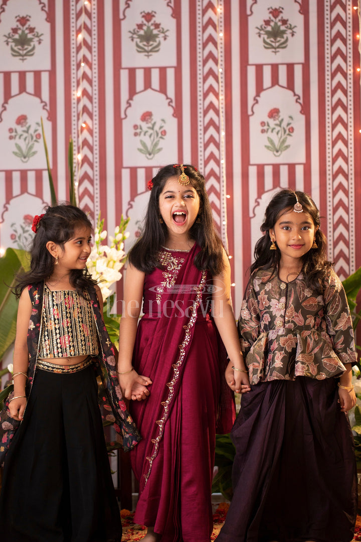 The Nesavu Girls Lehenga Choli Girls Lehenga Choli Set in Black Georgette with Floral Patterned Jacket and Pleated Skirt for Parties Nesavu Nesavu Girls Black Georgette Lehenga Choli Set Floral Jacket Weddings Festive Occasions