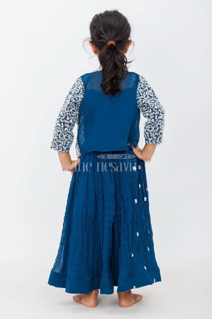 The Nesavu Girls Lehenga Choli Girls Lehenga Choli Set in Blue with Embroidered Jacket and Paisley Floral Motifs Nesavu Nesavu Girls Lehenga Choli Set Navy Blue Paisley Embroidery Sequins