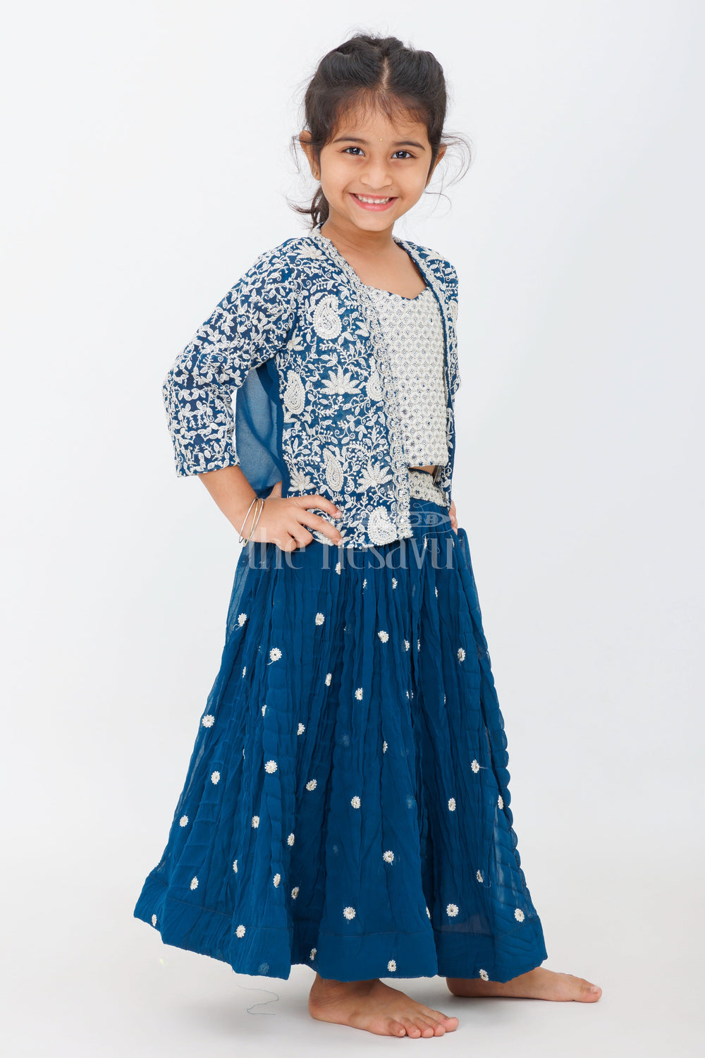 The Nesavu Girls Lehenga Choli Girls Lehenga Choli Set in Blue with Embroidered Jacket and Paisley Floral Motifs Nesavu Nesavu Girls Lehenga Choli Set Navy Blue Paisley Embroidery Sequins