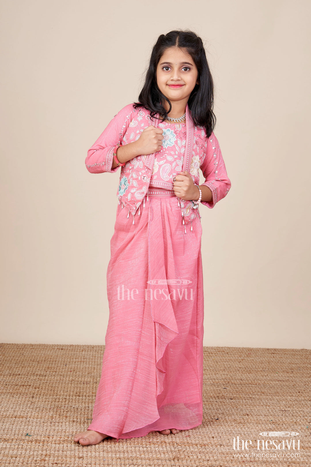 The Nesavu Girls Lehenga Choli Girls Lehenga Choli Set with Embroidered Jacket for Wedding Functions Nesavu 26 (6Y) / Pink GL818A-26 Nesavu girls lehenga choli set embroidered jacket  ideal weddings receptions