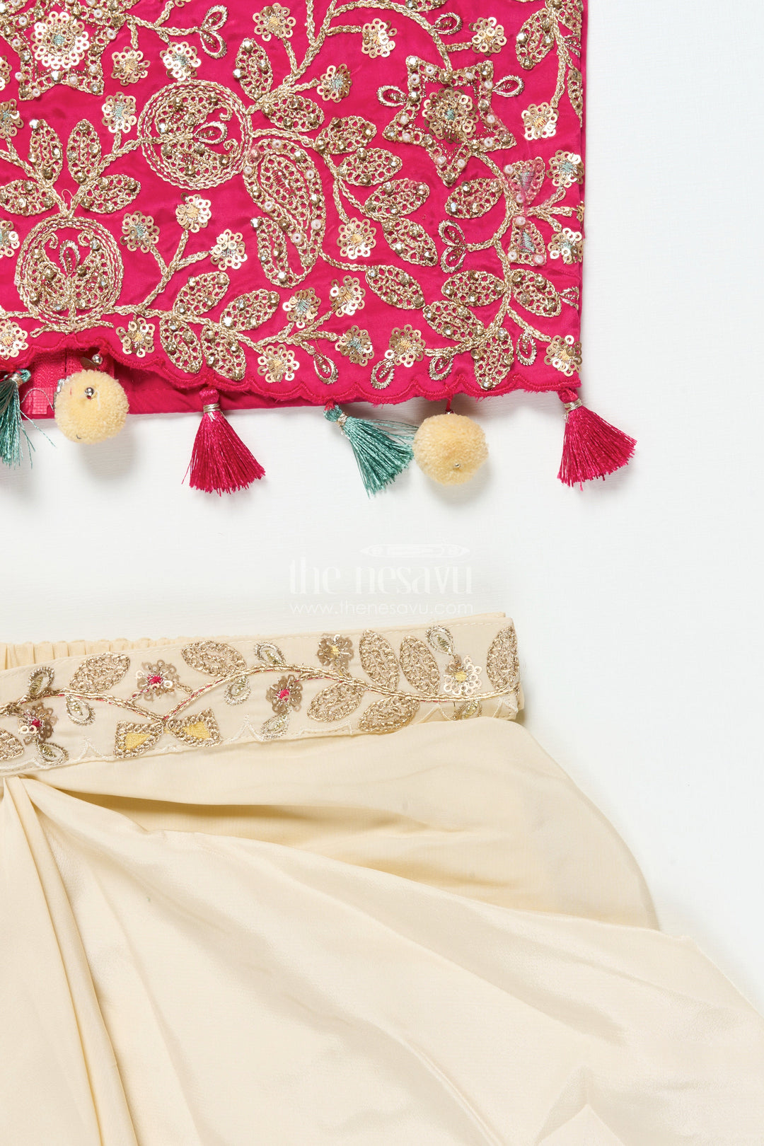 The Nesavu Girls Lehenga Choli Girls Lehenga Choli Set with Embroidered Shrug for Celebrations Nesavu Nesavu girls lehenga set embroidered shrug muslin silk weddings Diwali