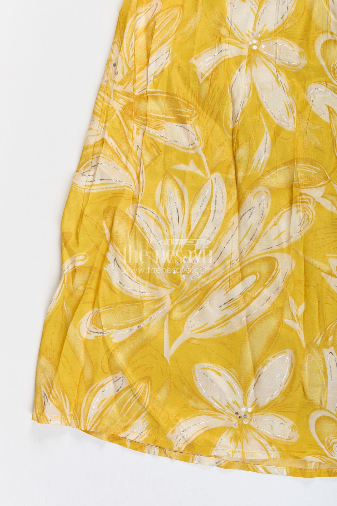 The Nesavu Girls Lehenga Choli Girls lehenga choli set with floral print and flutter sleeves Nesavu Nesavu yellow floral lehenga choli set girls flutter sleeves  festive haldi outfit