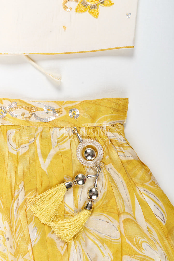 The Nesavu Girls Lehenga Choli Girls lehenga choli set with floral print and flutter sleeves Nesavu Nesavu yellow floral lehenga choli set girls flutter sleeves  festive haldi outfit