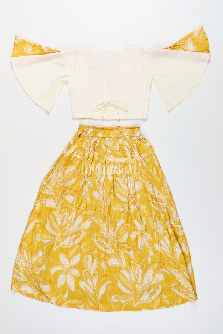 The Nesavu Girls Lehenga Choli Girls lehenga choli set with floral print and flutter sleeves Nesavu Nesavu yellow floral lehenga choli set girls flutter sleeves  festive haldi outfit
