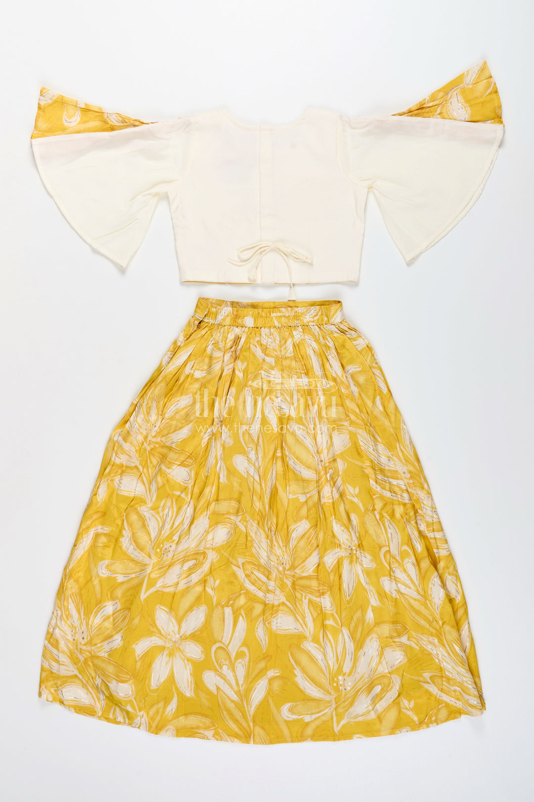 The Nesavu Girls Lehenga Choli Girls lehenga choli set with floral print and flutter sleeves Nesavu Nesavu yellow floral lehenga choli set girls flutter sleeves  festive haldi outfit