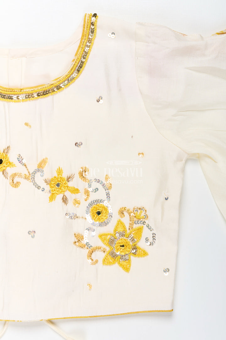 The Nesavu Girls Lehenga Choli Girls lehenga choli set with floral print and flutter sleeves Nesavu Nesavu yellow floral lehenga choli set girls flutter sleeves  festive haldi outfit