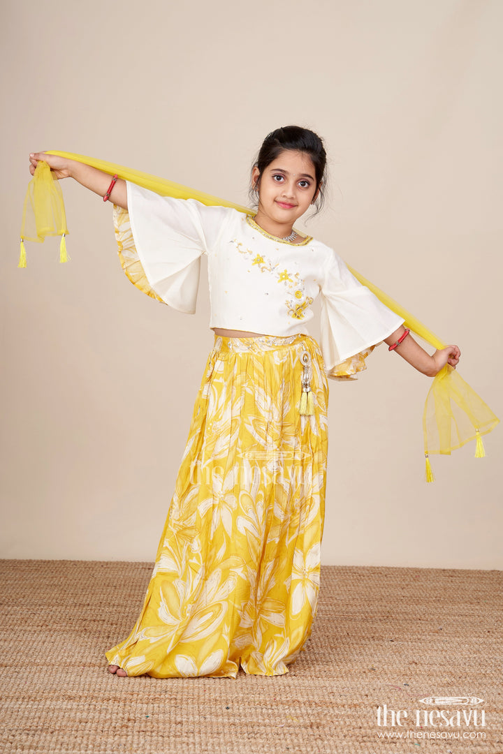 The Nesavu Girls Lehenga Choli Girls Lehenga Choli Set with Floral Print and Flutter Sleeves Nesavu Nesavu yellow floral lehenga choli set girls flutter sleeves  festive haldi outfit
