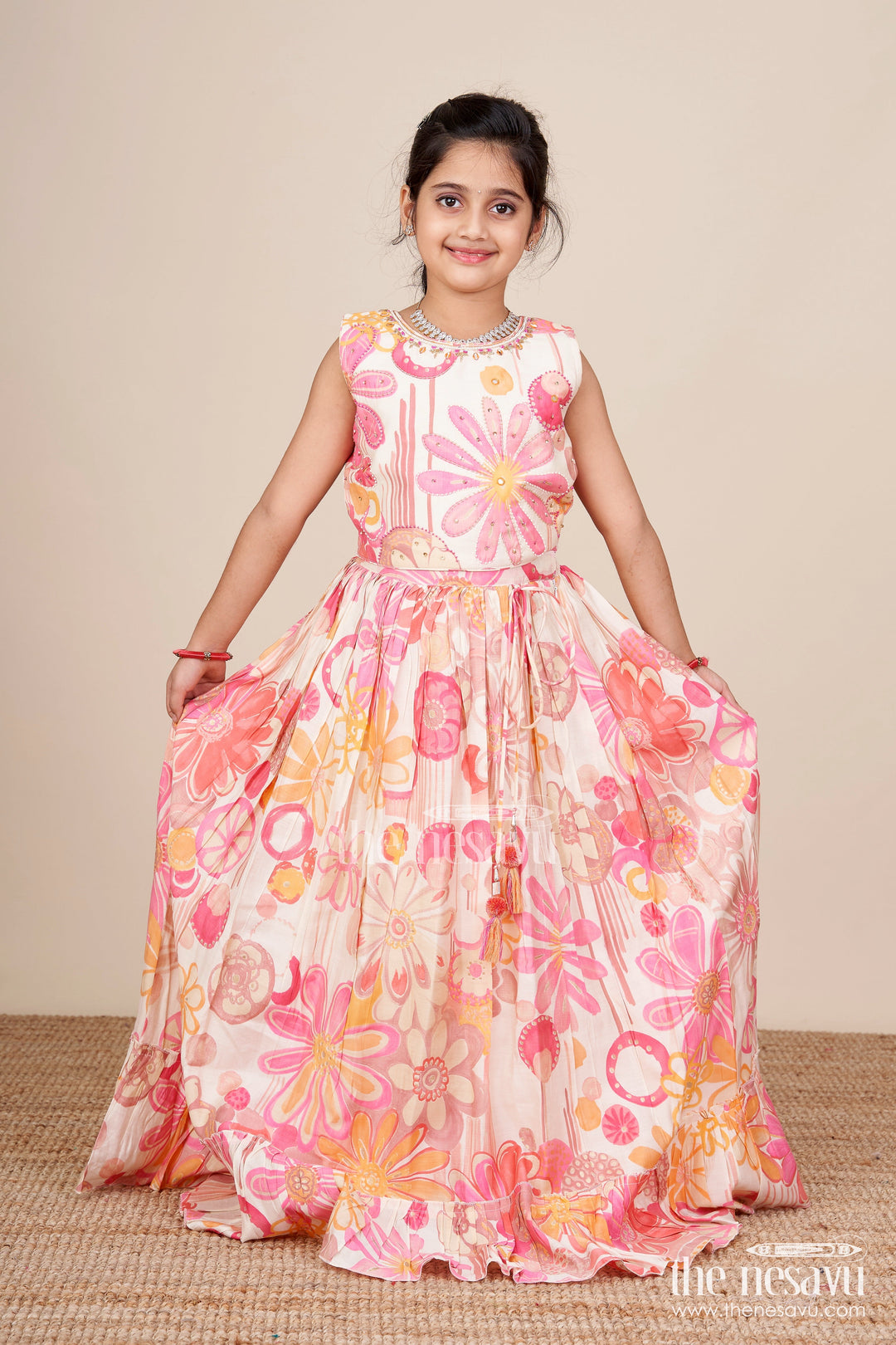The Nesavu Girls Lehenga Choli Girls Lehenga Choli Set with Floral Print for Birthdays and Festive Events Nesavu 28 (7Y) / Pink GL817A-28 Nesavu girls floral lehenga choli set pink georgette  perfect birthdays festive celebrations