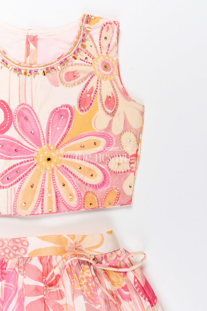 The Nesavu Girls Lehenga Choli Girls lehenga choli set with floral print for birthdays and festive events Nesavu Nesavu girls floral lehenga choli set pink georgette  perfect birthdays festive celebrations