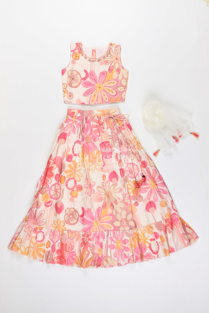The Nesavu Girls Lehenga Choli Girls lehenga choli set with floral print for birthdays and festive events Nesavu Nesavu girls floral lehenga choli set pink georgette  perfect birthdays festive celebrations