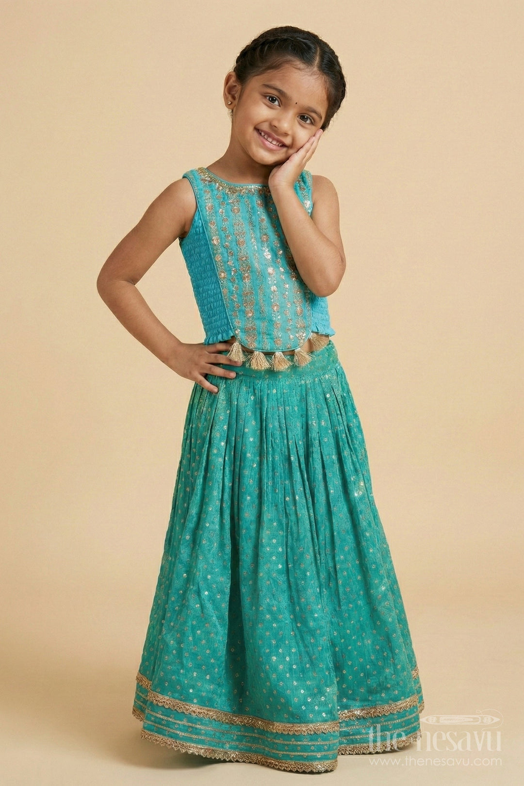 The Nesavu Girls Lehenga Choli Girls Lehenga Choli Set with Sequence Embroidery and Net Dupatta Nesavu Nesavu girls lehenga choli set sequin embroidery tissue silk skirt  ethnic elegance