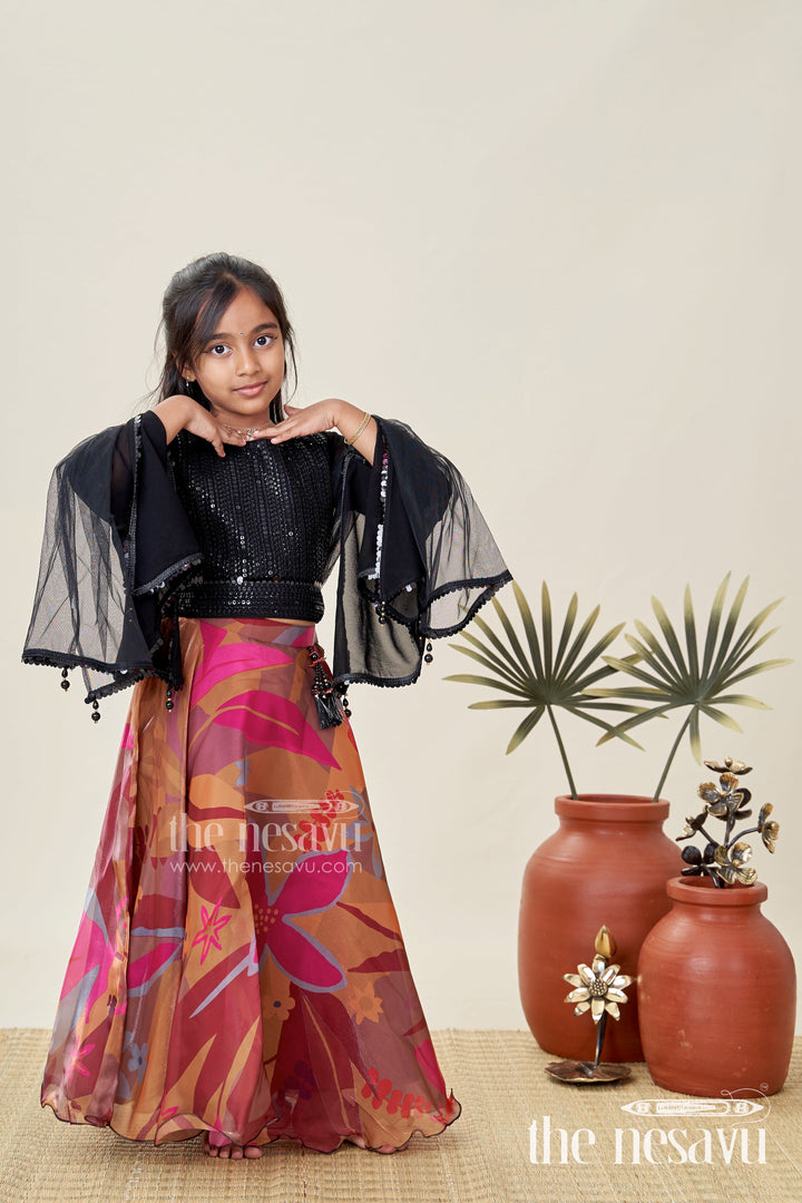The Nesavu Girls Lehenga Choli Girls Lehenga Choli with Digital Print Skirt and Sequin Black Blouse Festive Indo-Western Outfit Nesavu 16 (1Y) / Black GL807A-16 Nesavu Girls Lehenga Choli Digital Print Skirt Sequin Black Blouse Festive Indo-Western Outfit