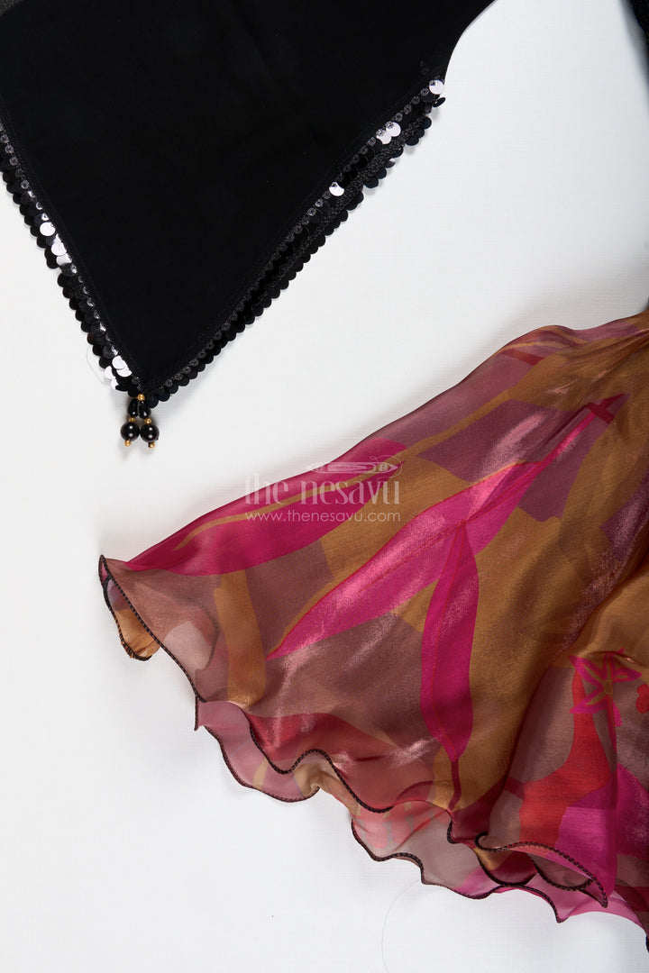 The Nesavu Girls Lehenga Choli Girls Lehenga Choli with Digital Print Skirt and Sequin Black Blouse Festive Indo-Western Outfit Nesavu Nesavu Girls Lehenga Choli Digital Print Skirt Sequin Black Blouse Festive Indo-Western Outfit