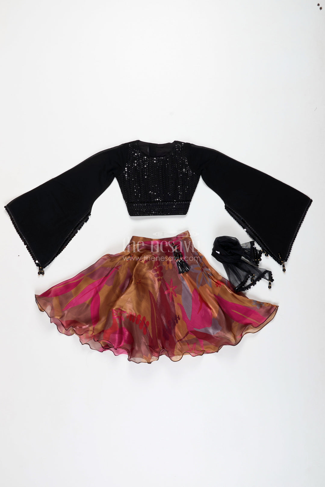 The Nesavu Girls Lehenga Choli Girls Lehenga Choli with Digital Print Skirt and Sequin Black Blouse Festive Indo-Western Outfit Nesavu Nesavu Girls Lehenga Choli Digital Print Skirt Sequin Black Blouse Festive Indo-Western Outfit