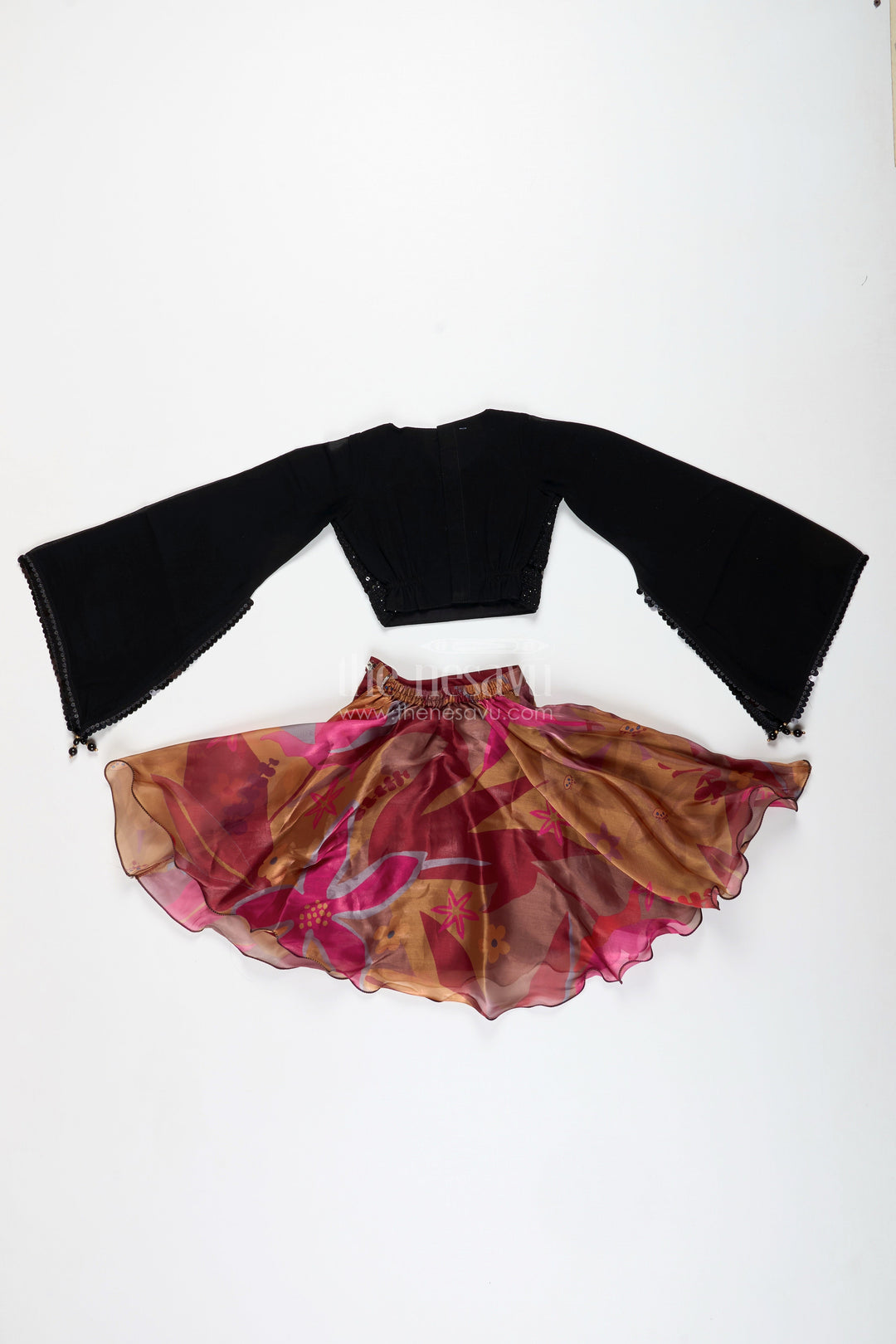 The Nesavu Girls Lehenga Choli Girls Lehenga Choli with Digital Print Skirt and Sequin Black Blouse Festive Indo-Western Outfit Nesavu Nesavu Girls Lehenga Choli Digital Print Skirt Sequin Black Blouse Festive Indo-Western Outfit