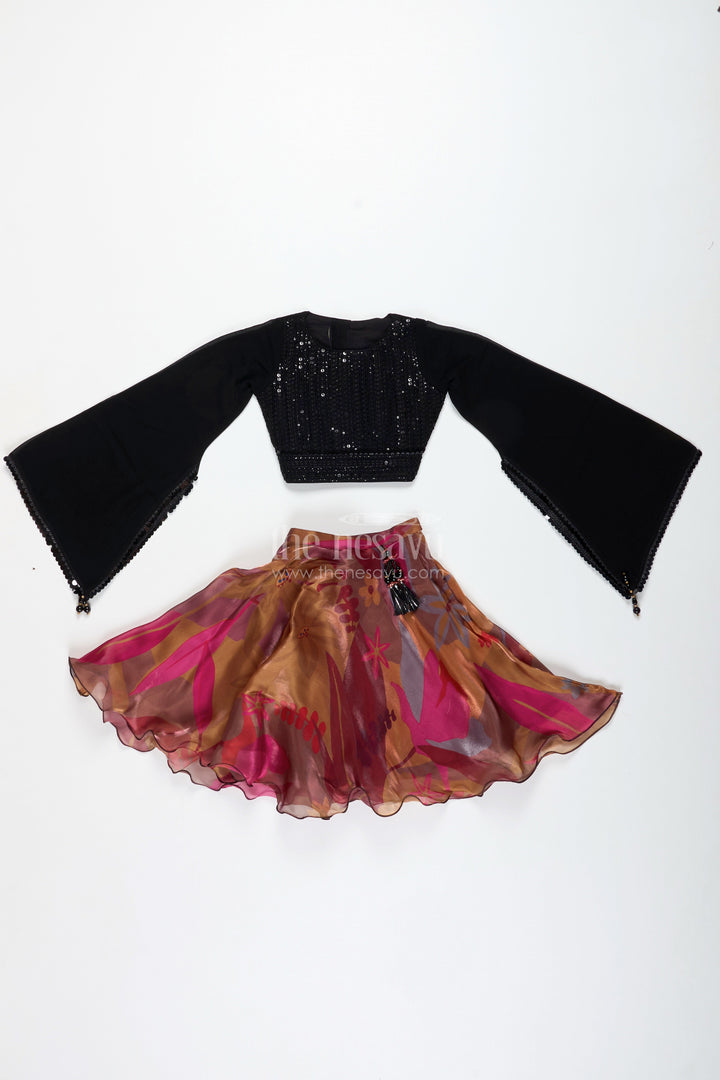 The Nesavu Girls Lehenga Choli Girls Lehenga Choli with Digital Print Skirt and Sequin Black Blouse Festive Indo-Western Outfit Nesavu Nesavu Girls Lehenga Choli Digital Print Skirt Sequin Black Blouse Festive Indo-Western Outfit