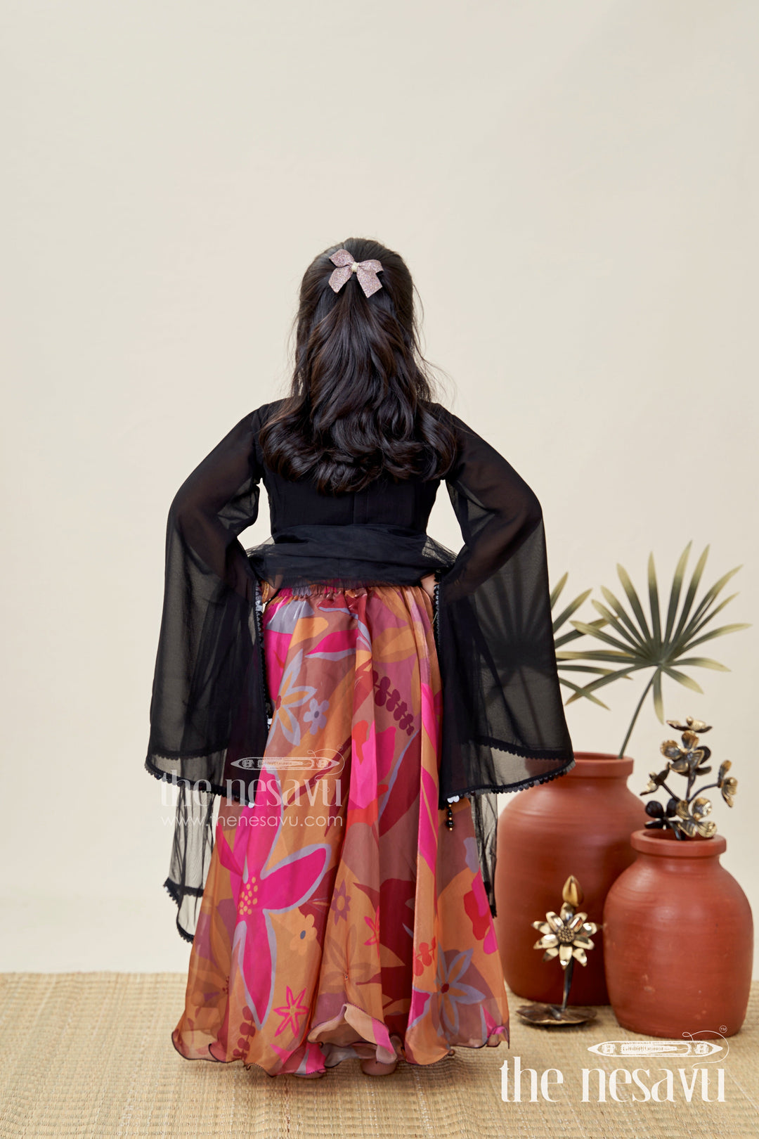 The Nesavu Girls Lehenga Choli Girls Lehenga Choli with Digital Print Skirt and Sequin Black Blouse Festive Indo-Western Outfit Nesavu Nesavu Girls Lehenga Choli Digital Print Skirt Sequin Black Blouse Festive Indo-Western Outfit