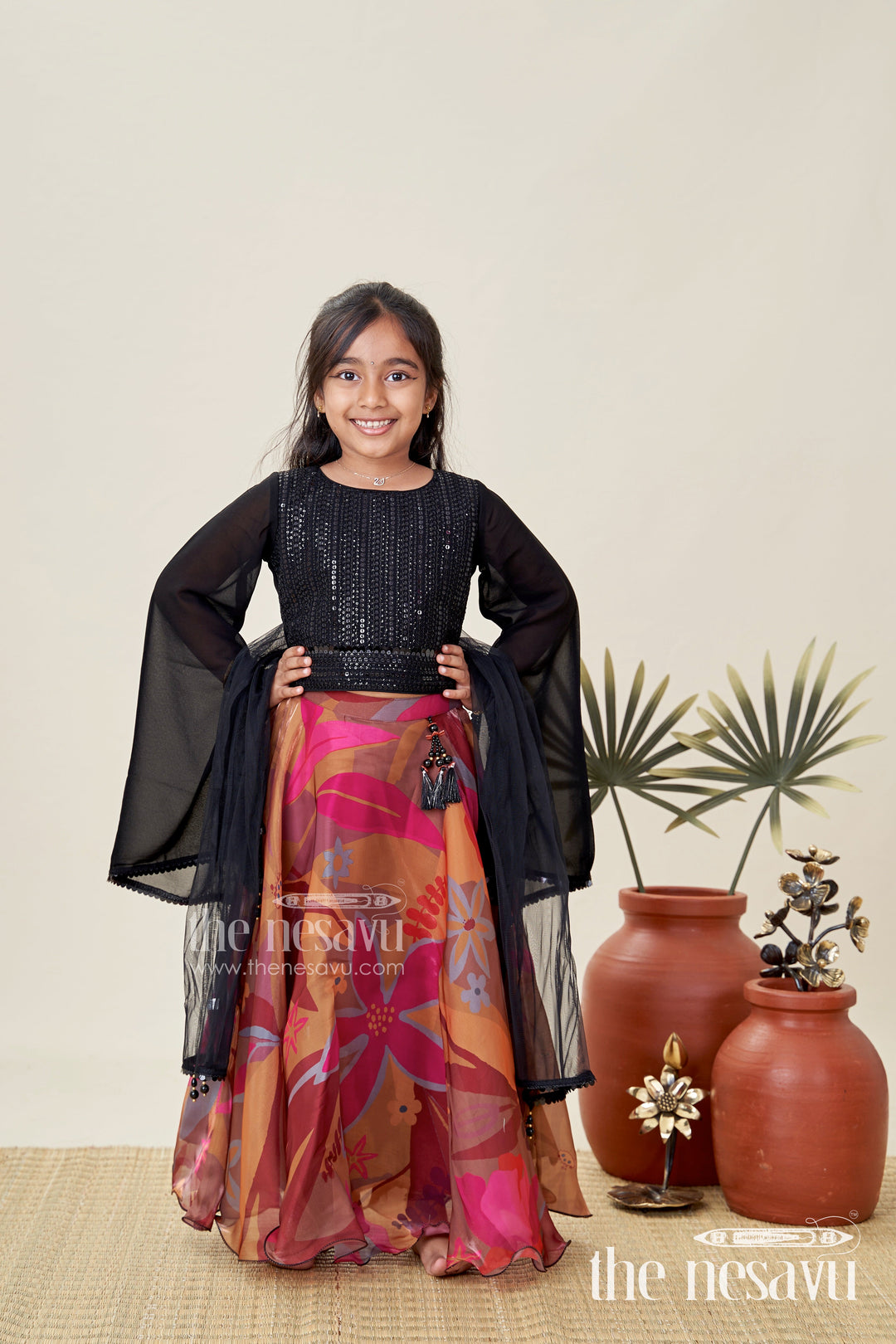 The Nesavu Girls Lehenga Choli Girls Lehenga Choli with Digital Print Skirt and Sequin Black Blouse Festive Indo-Western Outfit Nesavu Nesavu Girls Lehenga Choli Digital Print Skirt Sequin Black Blouse Festive Indo-Western Outfit