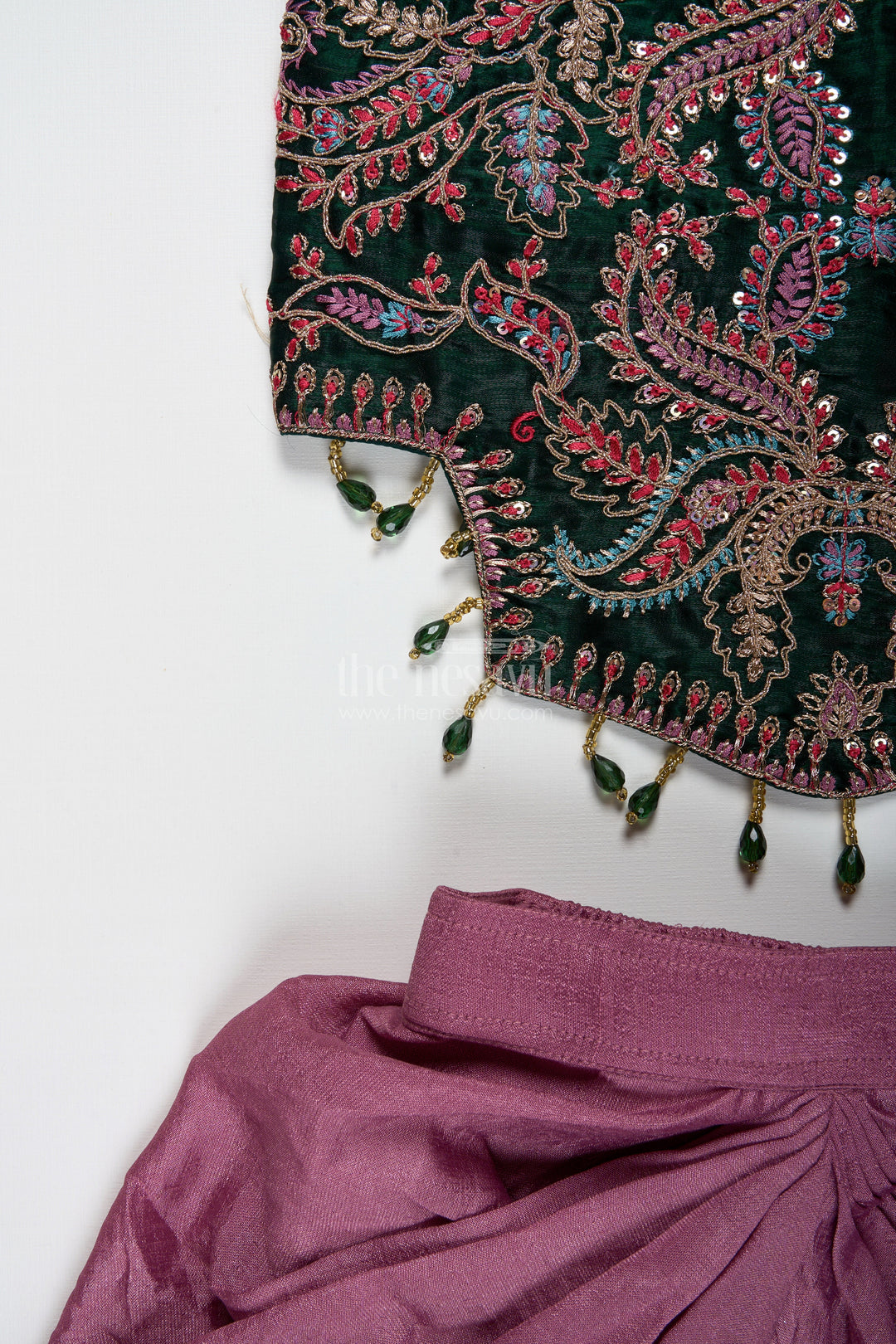 The Nesavu Girls Lehenga Choli Girls Lehenga Choli with Embroidered Blouse and Mocca Skirt Nesavu Nesavu Mauve Lehenga Choli Green Embroidered Blouse Girls