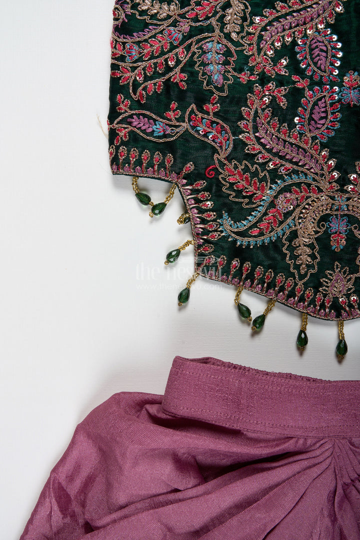 The Nesavu Girls Lehenga Choli Girls Lehenga Choli with Embroidered Blouse and Mocca Skirt Nesavu Nesavu Mauve Lehenga Choli Green Embroidered Blouse Girls