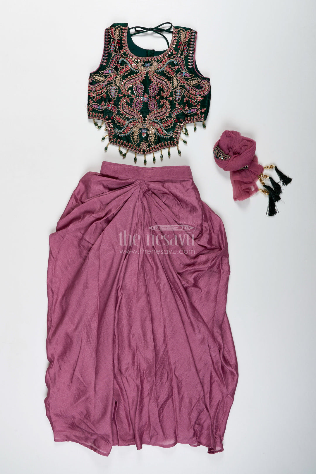 The Nesavu Girls Lehenga Choli Girls Lehenga Choli with Embroidered Blouse and Mocca Skirt Nesavu Nesavu Mauve Lehenga Choli Green Embroidered Blouse Girls